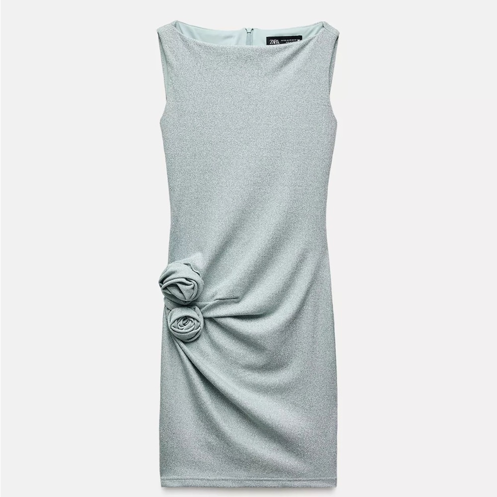 Zara Strapless Light Blue Dress with Floral Detail